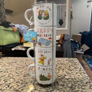 NWT Disney Stackable Set of 4 Christmas Winnie The Pooh 10oz Ceramic Mug Tower!